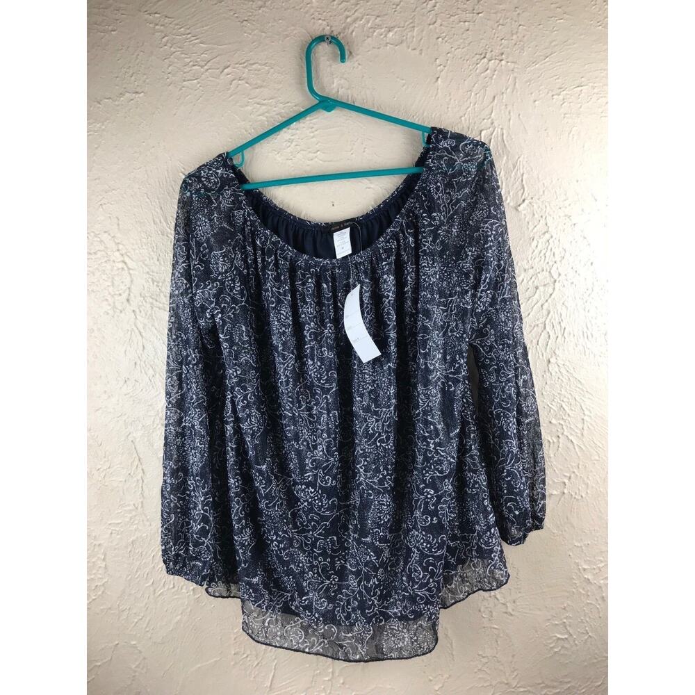 Jennie & Marlis Blue White Floral Sheer Lined Stretch Blouse‎ Shirt Top Medium